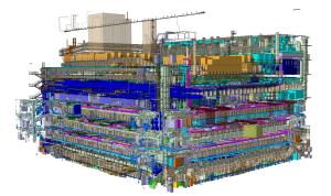 A very detailed and colorful computer-generated drawing of the 15 major ITER plant systems that will help the machine operate.